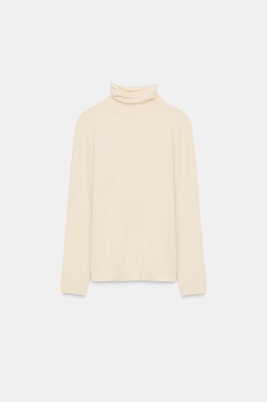 Zara HIGH NECK T-SHIRT - Ecru