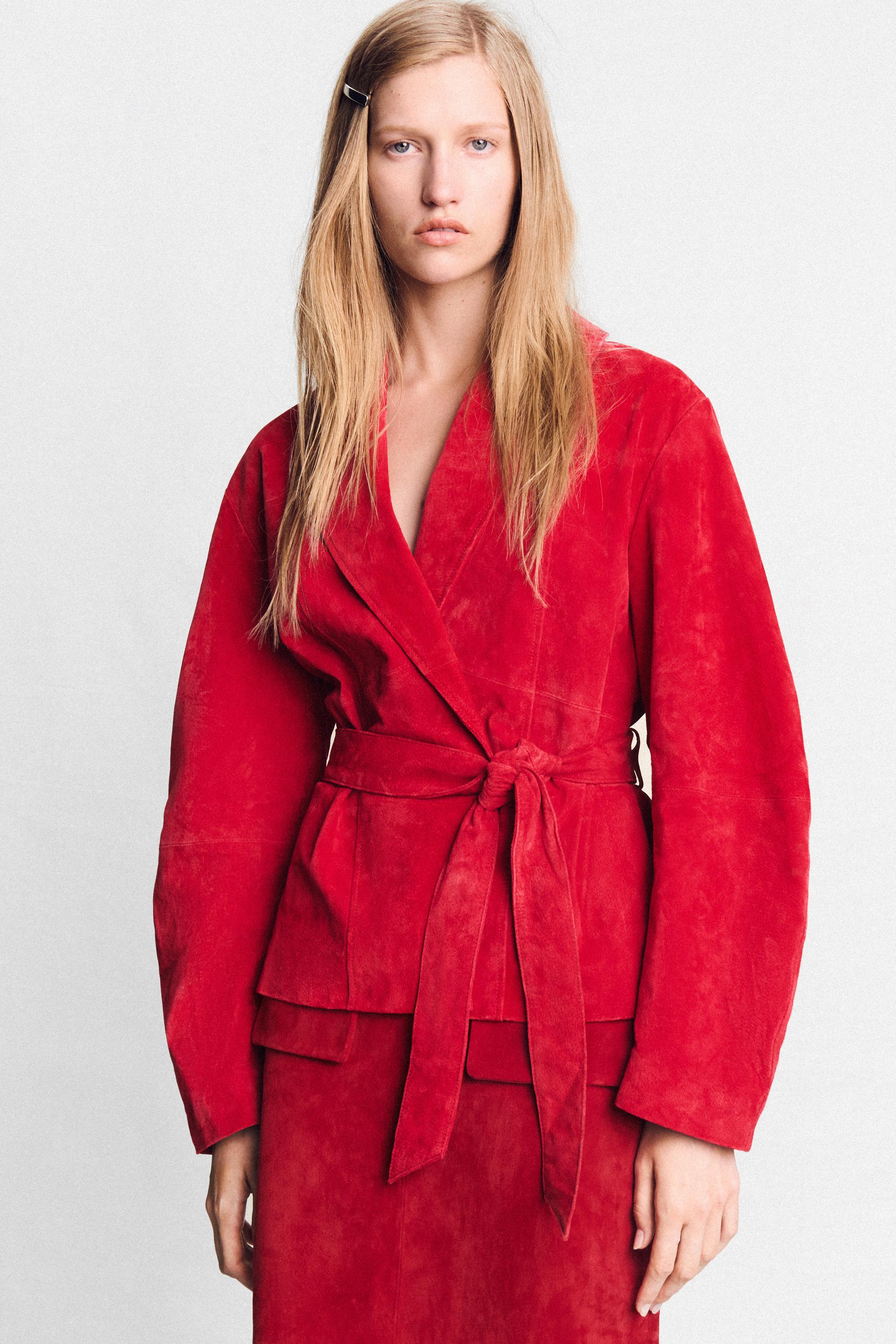 100% LEATHER BELTED JACKET — Intense red