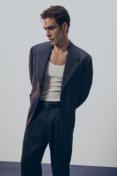 Zara 100% WOOL RELAXED FIT PLEATED PANTS - Navy blue