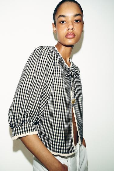 GINGHAM CHECK CROCHET JACKET - Black / White by Zara - Image 1