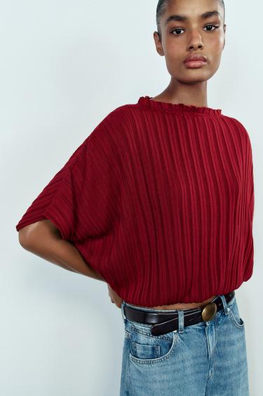 WIDE RIBBED KNIT TOP — Dark red 1