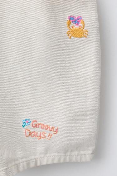 EMBROIDERED TWILL SHORT DUNGAREES - Ecru by Zara - Image 3