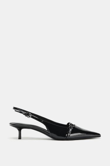 Zara PATENT FINISH KITTEN HEEL SLINGBACKS - Black