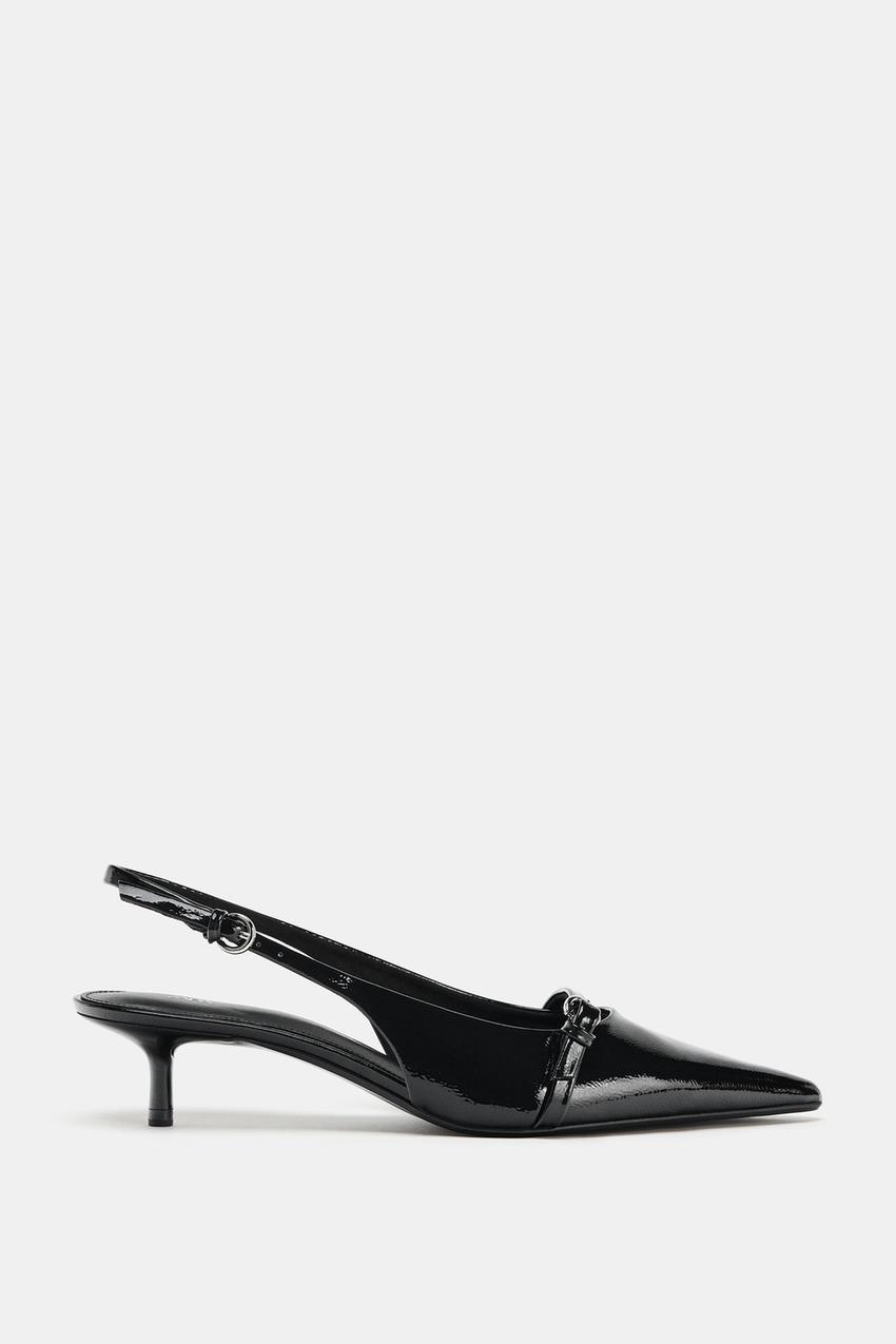 Zara PATENT FINISH KITTEN HEEL SLINGBACKS - Black - Image 0