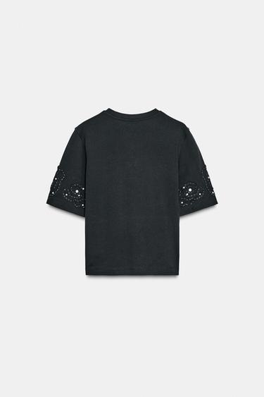 EMBROIDERED BEADED T-SHIRT - Black by Zara - Image 6