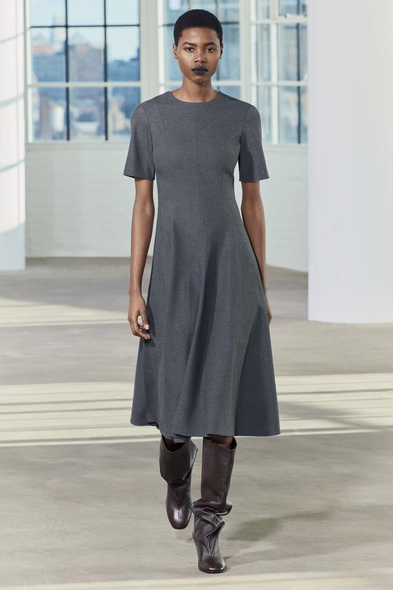 ZW COLLECTION ゴデットミディ丈ワンピース - カーボングレー | ZARA 