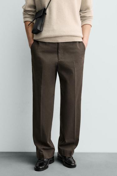 Zara 斜紋棉布休閒長褲 ORIGINS ORIGINS - 棕色
