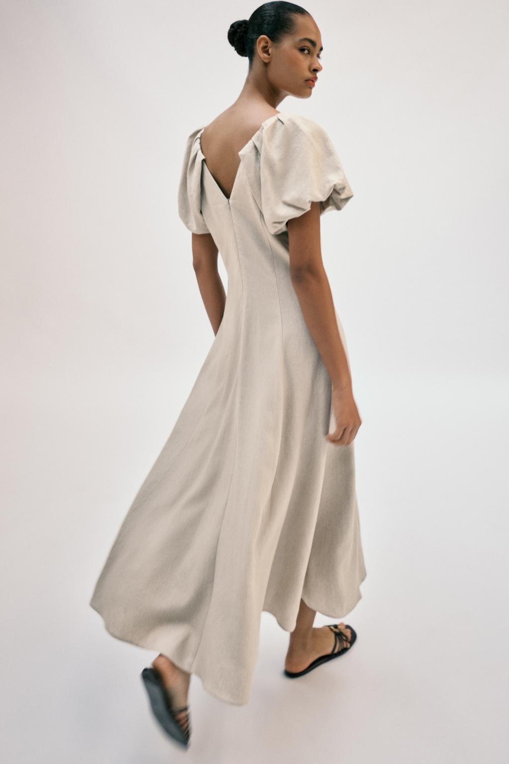 LINEN BLEND PUFF SLEEVE MIDI DRESS