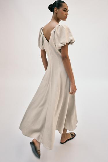 MIDI DRESS WITH LINEN BLEND PUFF SLEEVES - Light beige by Zara