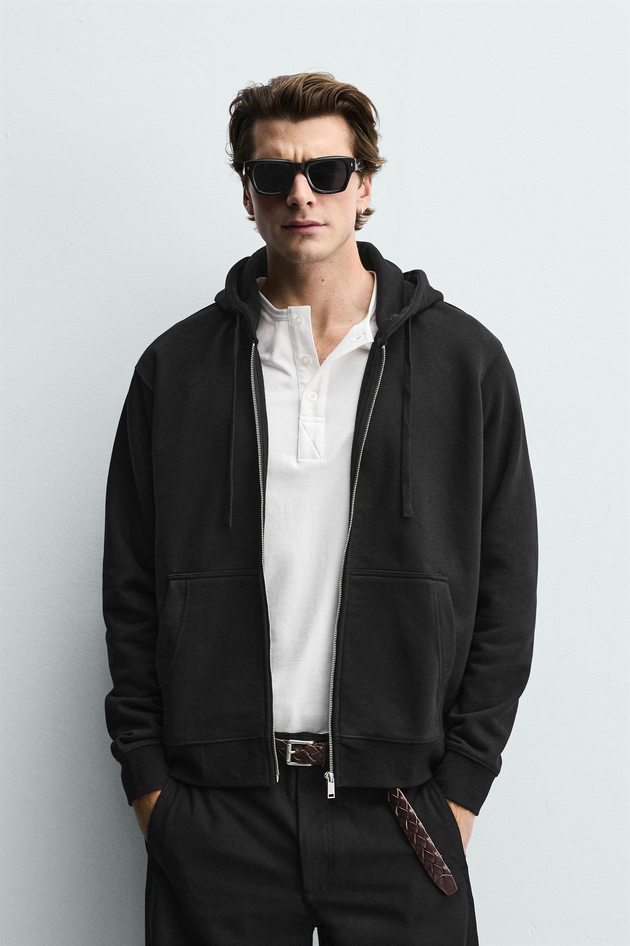 RELAXED FIT ZIP-UP HOODIE — Black