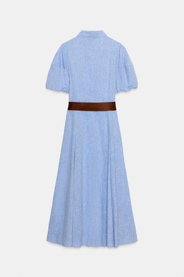 ROBE MI-LONGUE AVEC CEINTURE EN LIN - Bleu de Zara - Image 7