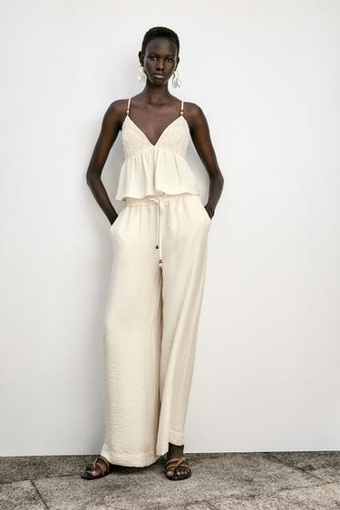 FLOWING WIDE-LEG TROUSERS - Ecru by Zara