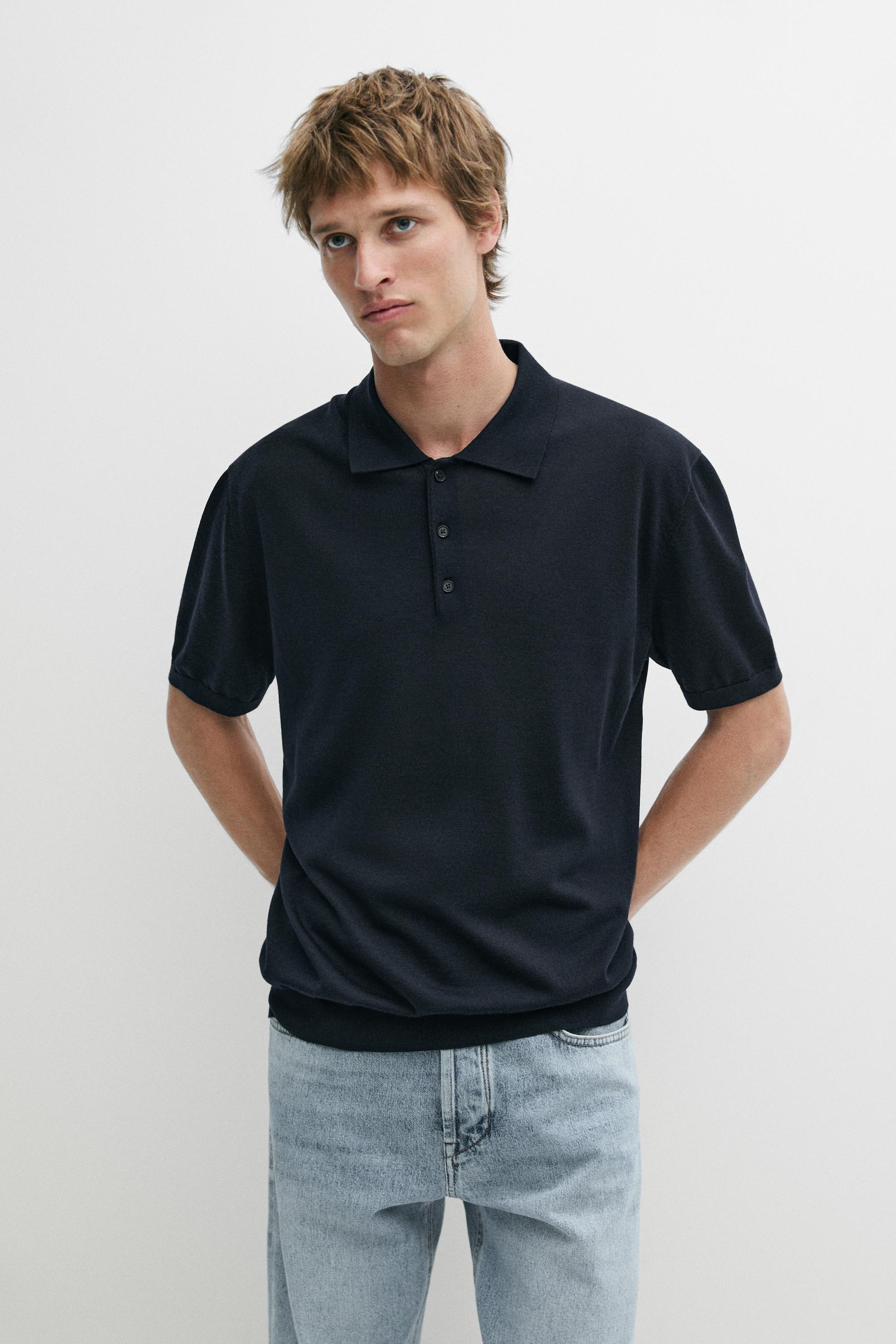 Wool blend knit polo shirt — Navy blue