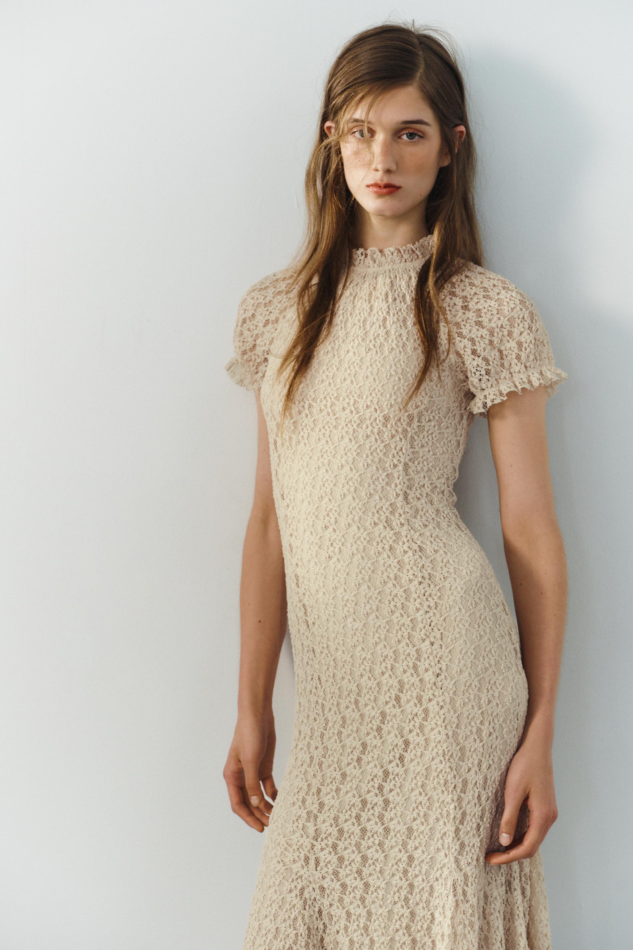 LACE MIDI DRESS — Ecru