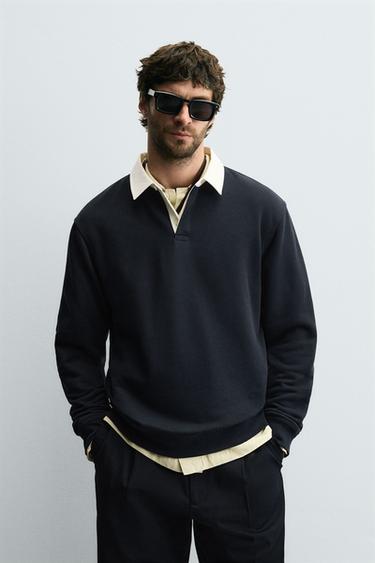 Zara CONTRAST COLLAR POLO SWEATSHIRT - Navy blue