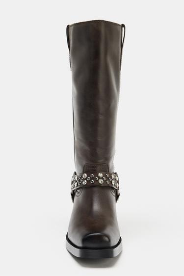 FLAT LEATHER BOOTS WITH APPLIQUÉS - Brown by Zara - Image 4