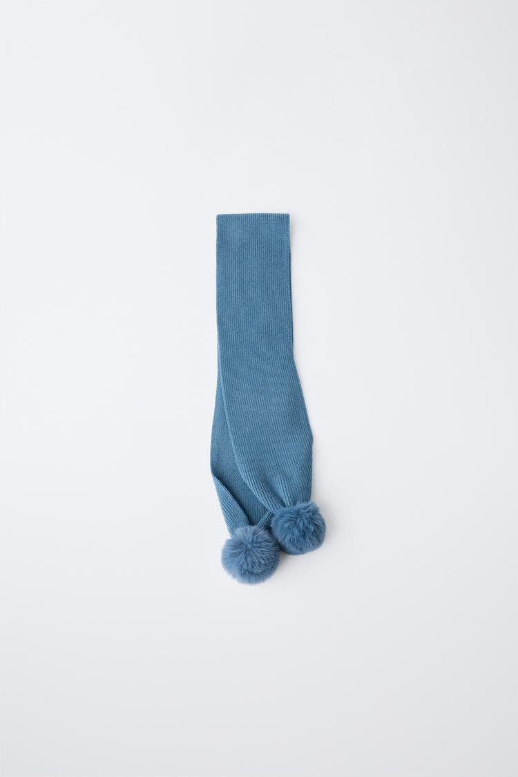 POM-POM KNIT SCARF — Light petrol blue