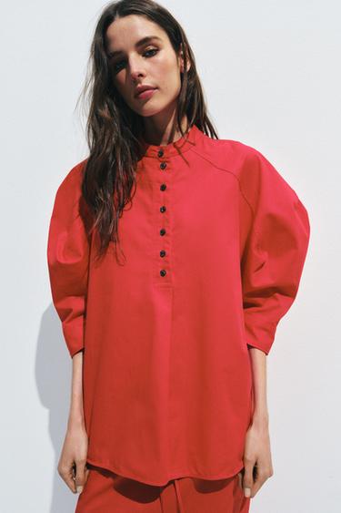 Zara ZW COLLECTION PUFF SLEEVE SHIRT - Red