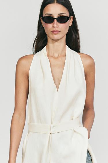 Flowing linen blend vest with belt detail — Oyster-white 1