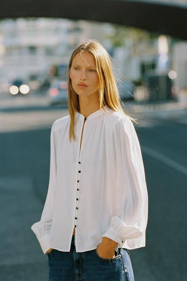 SHIRT WITH SHOULDER PADS - Oyster-white by Zara - Image 4