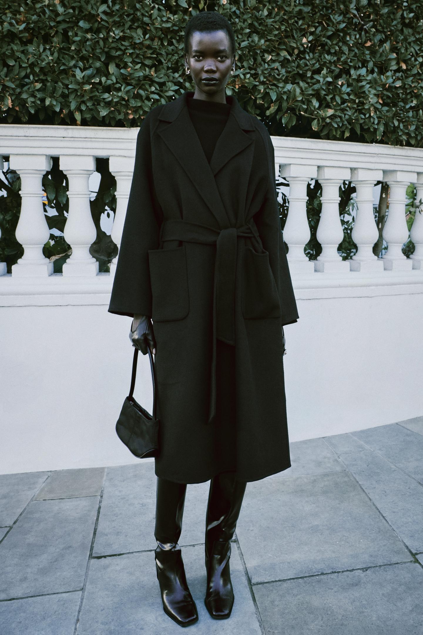 Женское пальто Zara Wool Belted, цвет: Чёрный
