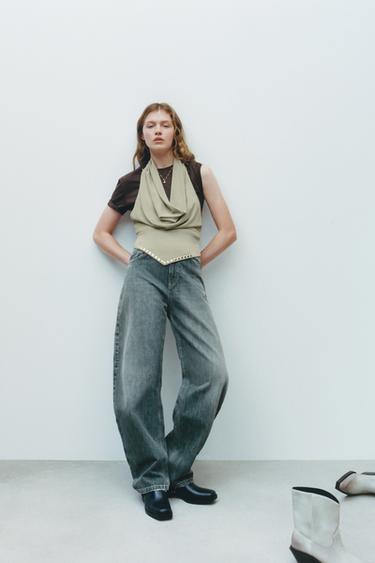 STUDDED HALTER TOP - Grey green by Zara - Image 0