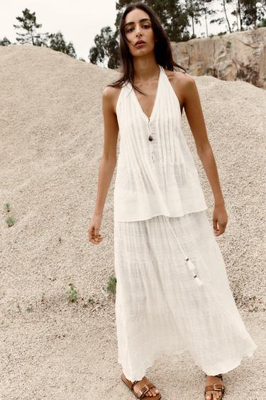 Zara OPEN-BACK HALTER TOP - Light beige