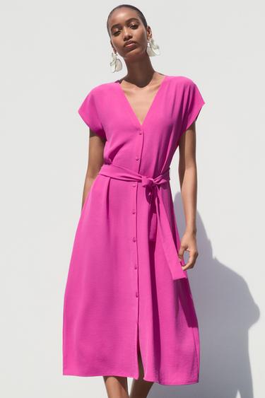 FLOWING DRESS WITH BELT - Fuchsia by Zara