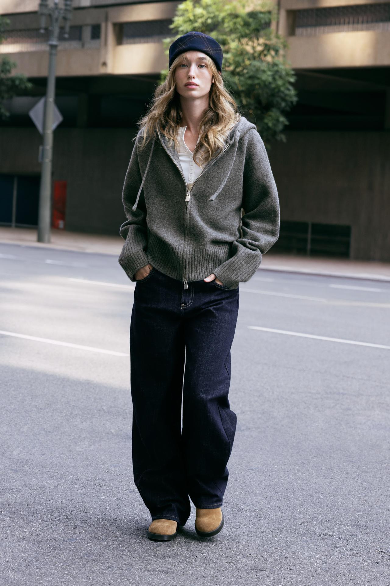 HOODED KNIT SWEATSHIRT — Mid-gray
