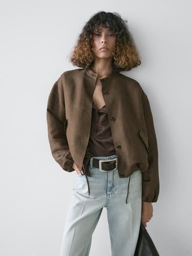 Zara Linen and silk bomber jacket - Khaki