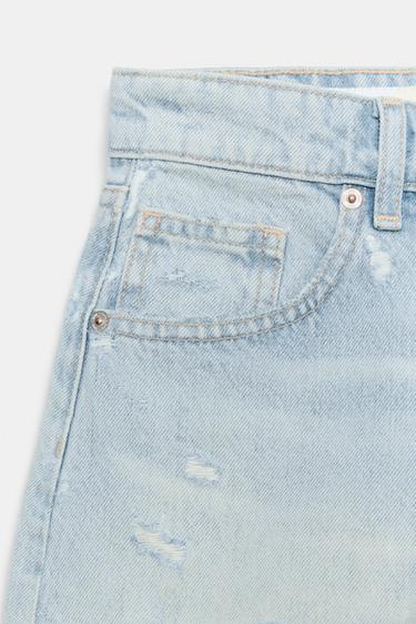 Zara TRF RIPPED HIGH-WAISTED DENIM SHORTS - Light blue