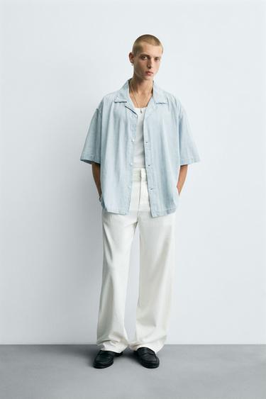 CAMISA LAVADA JACQUARD RAYAS - Azul claro de Zara