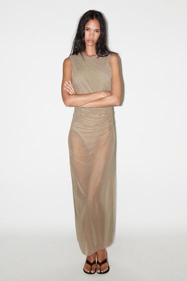 Zara TULLE MIDI BODYCON DRESS - Taupe gray - Image 0