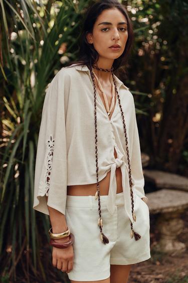 CROCHET TRIM KNOT SHIRT - Light beige by Zara - Image 1