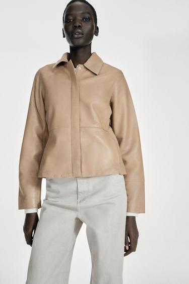 Zara 100% LEATHER FITTED BLAZER - Stone