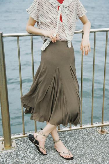 FLOWING GODET SKIRT WITH LACE - Dark khaki by Zara