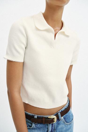 POLO EN MAILLE DENTELLE CONTRASTE - Blanc de Zara - Image 2