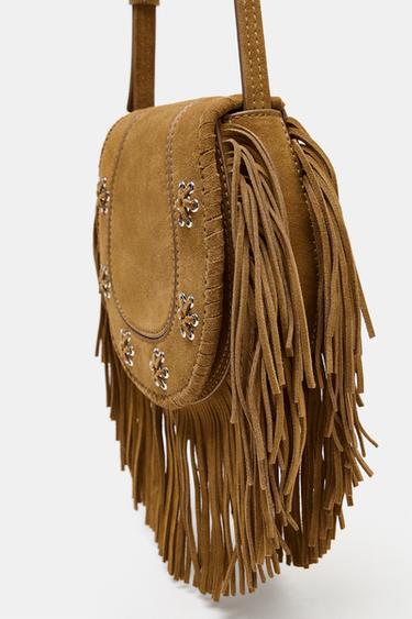 BOLSA TIRACOLO DE CROUTE COM FRANJAS - castanho da Zara