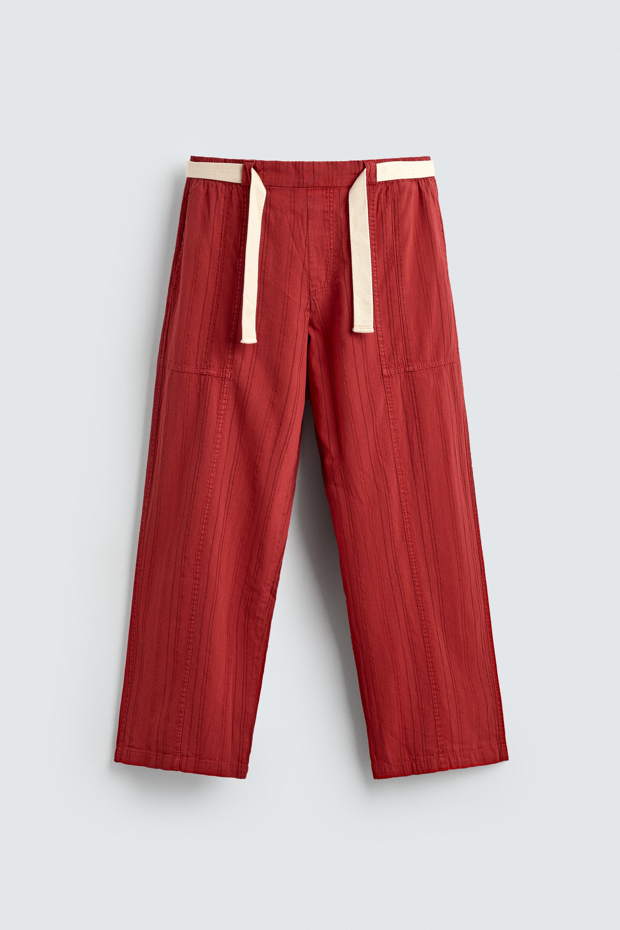 RELAXED FIT STRIPED TEXTURED TROUSERS — Red