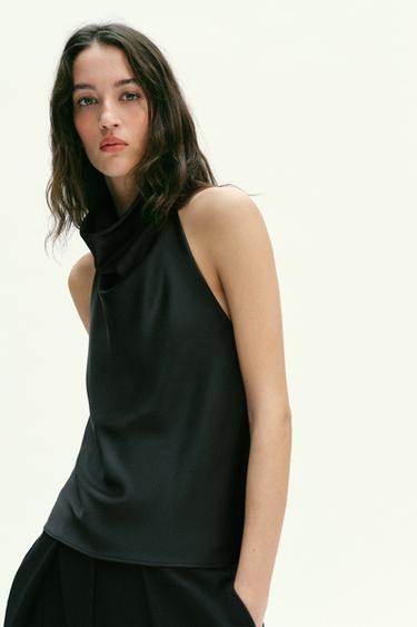 SATIN HALTER TOP - Black by Zara