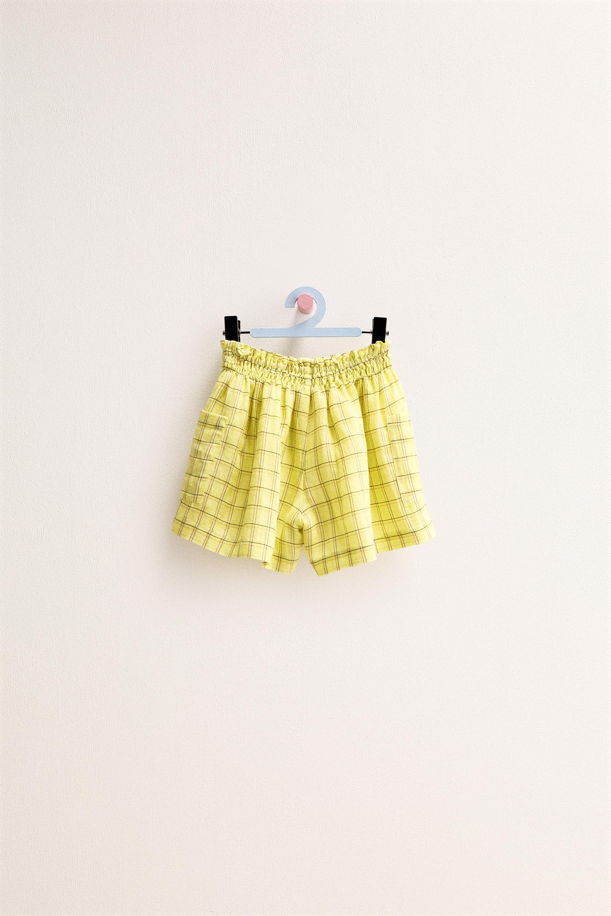 ZARA TIMELESS - CHECK LINEN BLEND BERMUDA SHORTS — Lime