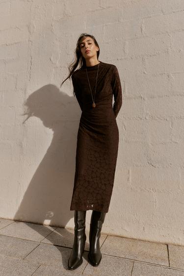 Zara POINTELLE DRAPED MIDI DRESS - Brown