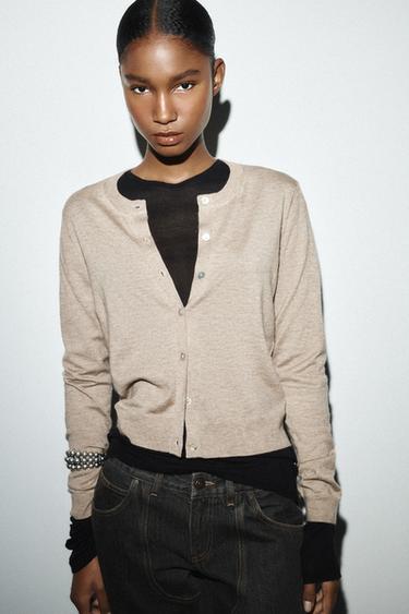 WOOL BLEND CARDIGAN WITH LONG SLEEVES - Mink by Zara - Image 1