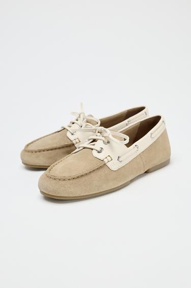 CONTRAST SUEDE LACE-UP LOAFERS - Ecru White by Zara - Image 1