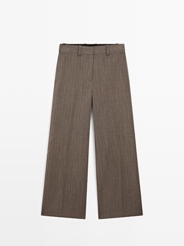 Zara 100% wool straight-leg herringbone trousers - Chocolate