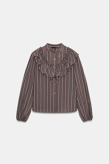 STRIPED SHIRT WITH RUFFLES - Brown-Blue by Zara