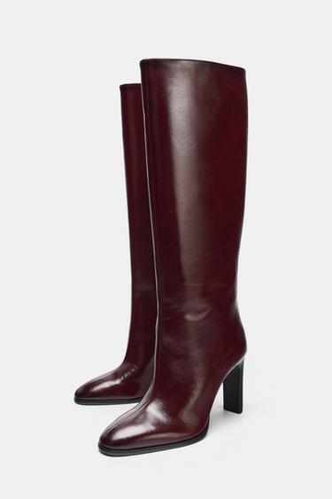 LEATHER BLOCK HEEL BOOTS - Burgundy Red by Zara - Image 3