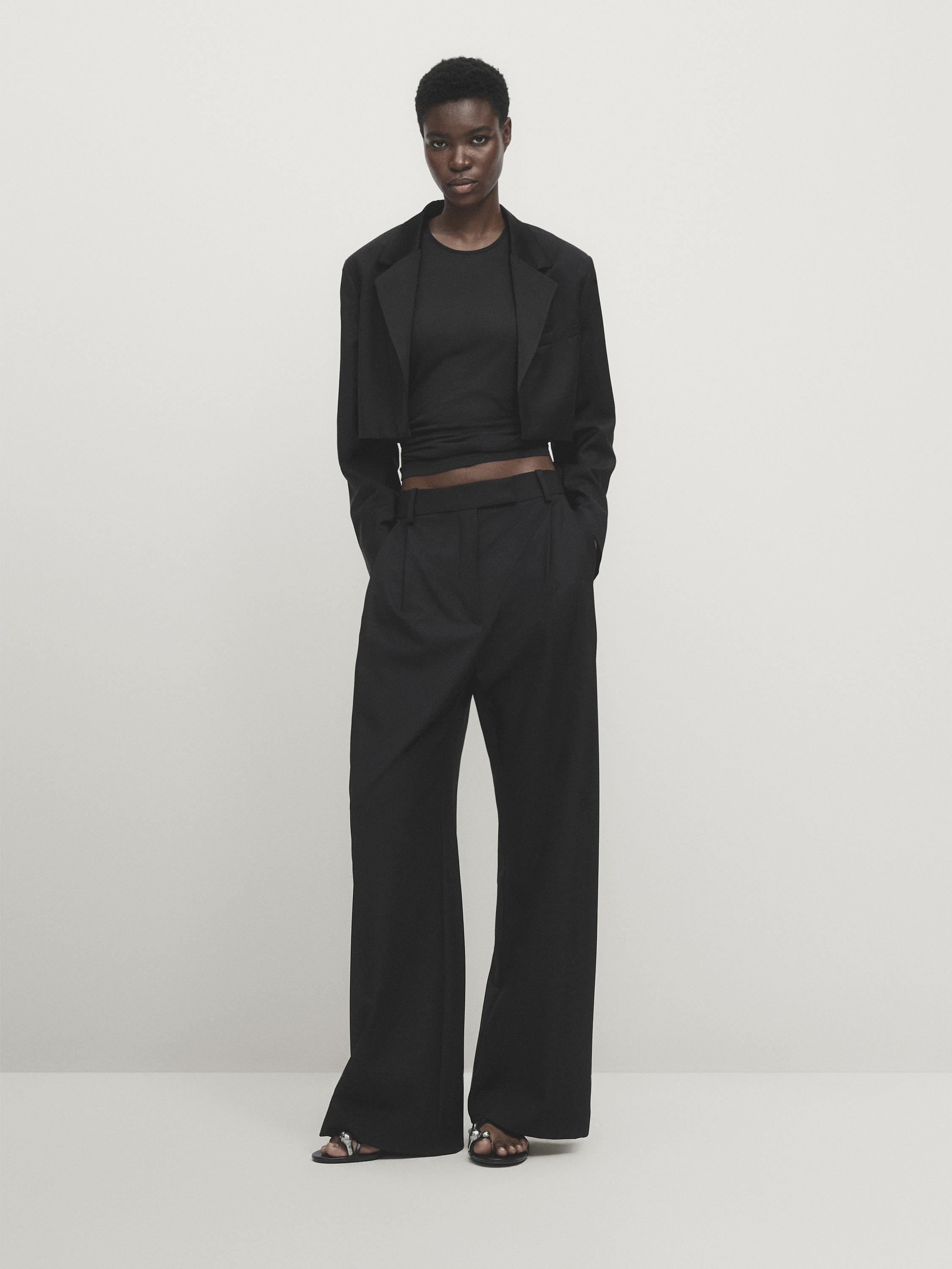 Darted suit trousers with satin waistband - Studio - Black | ZARA 