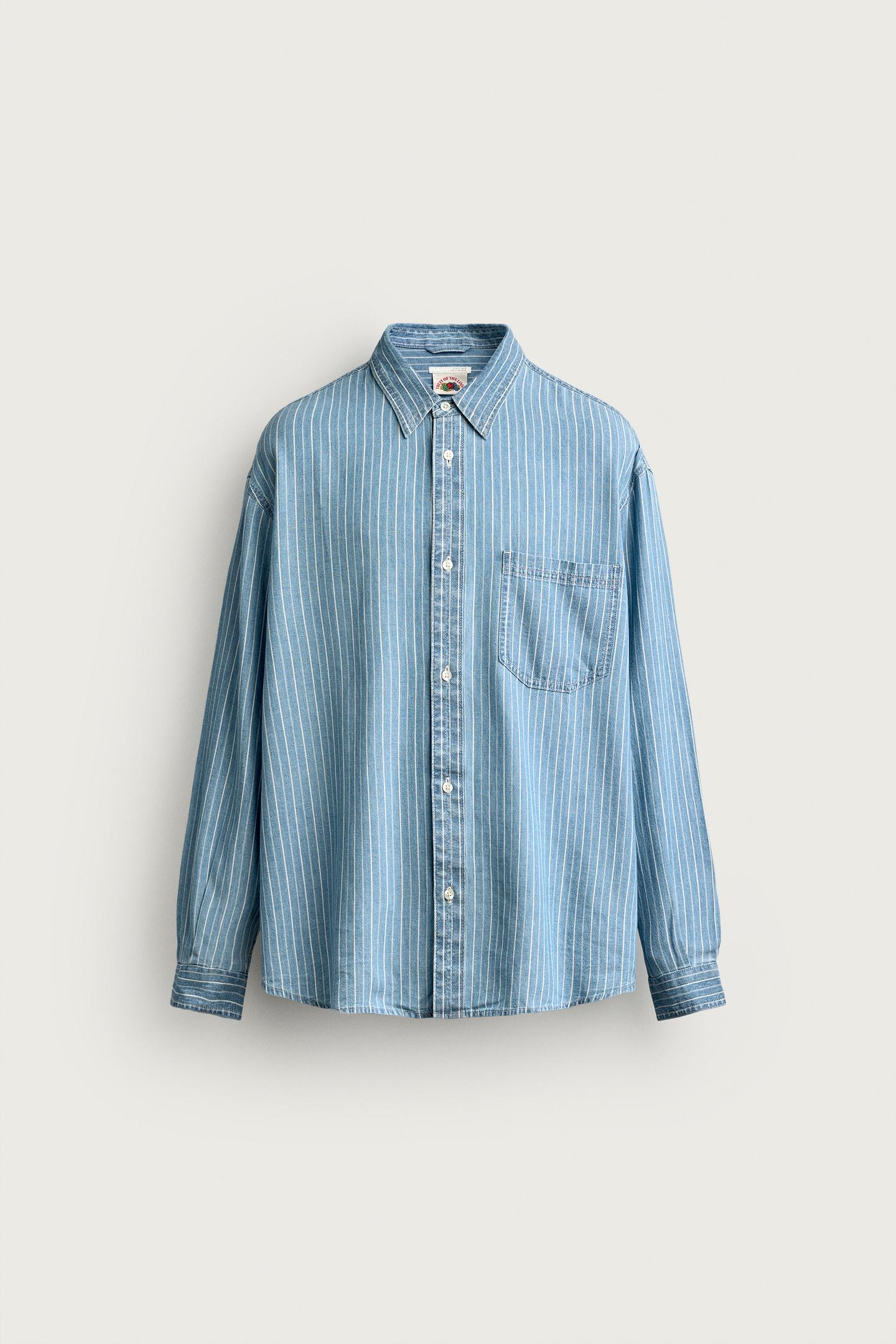 Мужская рубашка Zara Fruit OF the Loom™ Striped Denim Shirt, цвет: Светлый синий — фото 7
