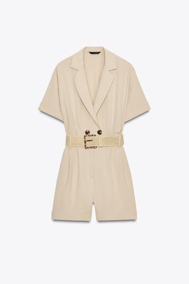 Zara BELTED SHORT SLEEVE JUMPSUIT - Sand